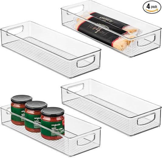 iDesign Slim Extra Long Clear Storage Bin, 4-Pack | Narrow, Stackable, Kitchen or Pantry Organizer