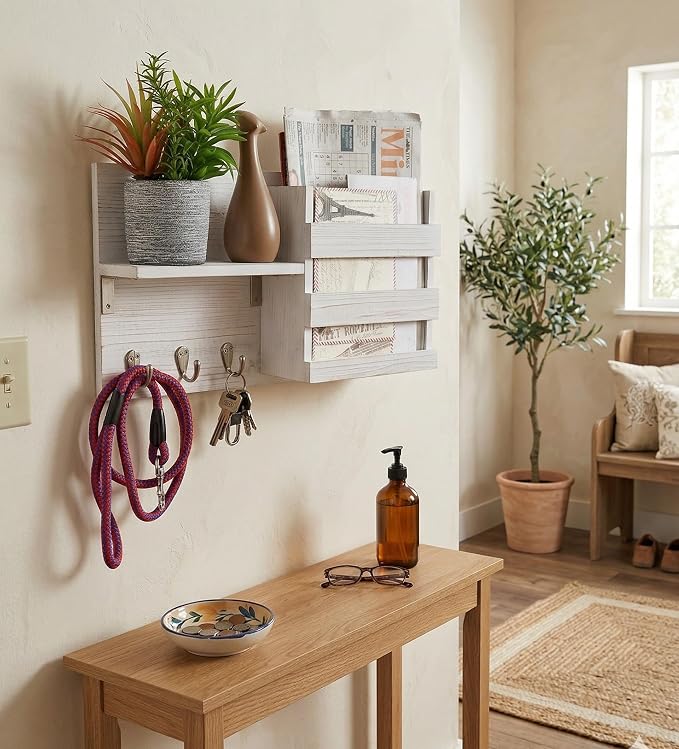 Wall-Mounted Key Hooks Holder and Mail Sorter - Rustic Wood White - Entryway Organizer for Letters, Leashes, and Purses - Floating Shelf, 16.5” W x 9.75" H x 4.5” D