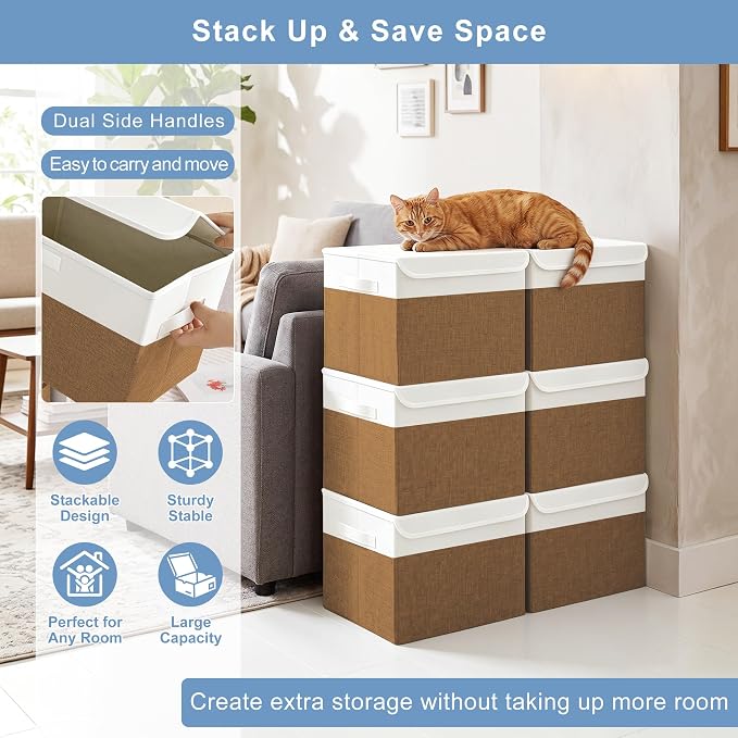 Large 17" 42 Quarts Collapsible Stackable Storage Bins with Lids [3-Pack] Foldable Fabric Linen Storage Boxes Cube, Closet Organizer Baskets with Label for Home (16.7 x 12 x 12", Brown & White)