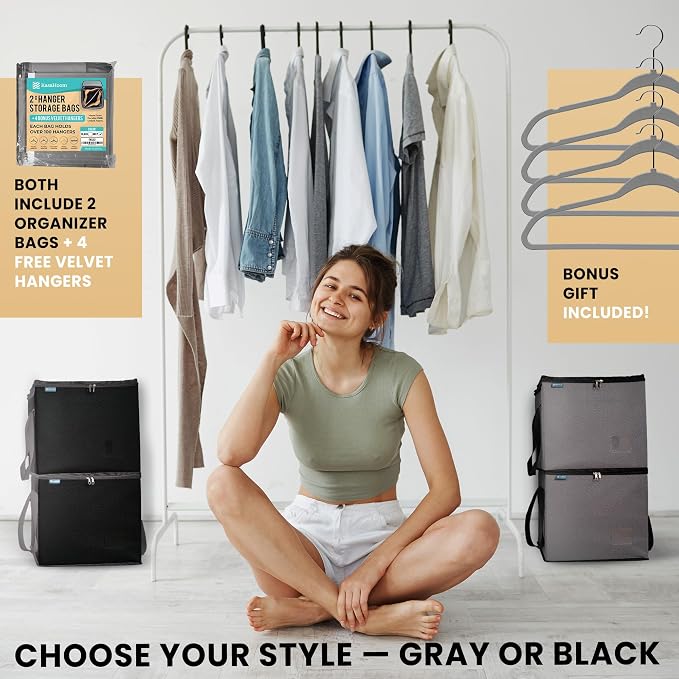 Hanger Storage Organizer Bags 2 Pack for 100+ Velvet Hangers with Dustproof Containers and 4 Bonus Hangers – Large Closet Organizer to Keep Clothes Clean and Tidy (Grey)