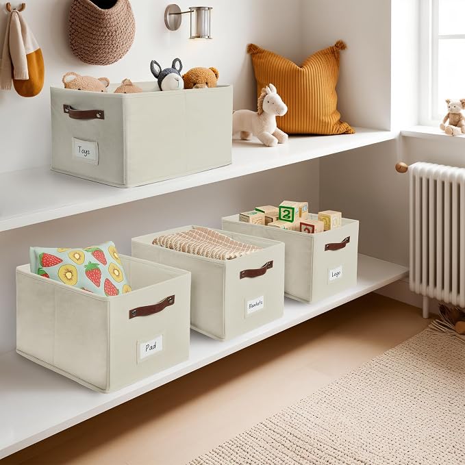 DECOMOMO Storage Bins, Large Fabric Baskets for Shelves, Beige (4 Pack) | 15" x 11" x 9.9" foldable closet organizers and storage bins with labels & handles