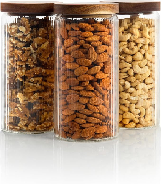 Ribbed Glass Jar with Wooden Lid 16.9oz / 27oz | Airtight Fluted Storage Container for Food, Pasta, Coffee, Candy, Dog Treats, Snacks | Canisters for Home & Kitchen (44 fl.oz / 1300ml -3X)