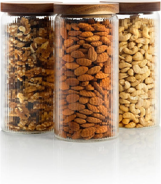 Ribbed Glass Jar with Wooden Lid 16.9oz / 27oz | Airtight Fluted Storage Container for Food, Pasta, Coffee, Candy, Dog Treats, Snacks | Canisters for Home & Kitchen (44 fl.oz / 1300ml -3X)