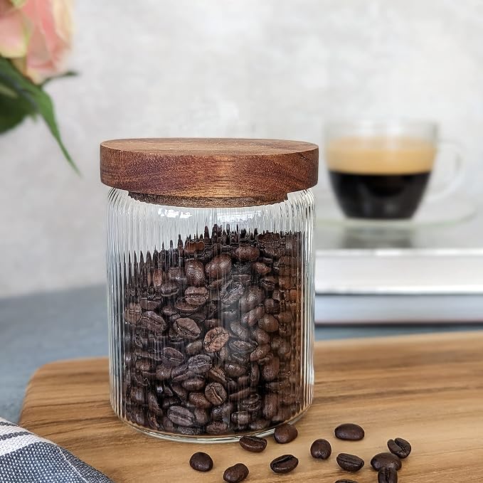 Mason & Fable Ribbed Glass Jar with Wooden Lid 17oz, Set of 3 | Airtight Fluted Storage Canisters for Food, Tea, Coffee, Candy/Spice | Organization Canisters for Home & Kitchen
