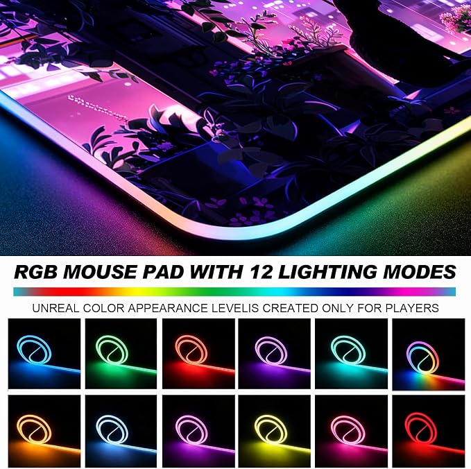 RGB Japanese Anime Cute Cat and Plant Gaming Desk Mat, Computer Keyboard Large Extended Kawaii Animal LED Mouse Pad for Office and Home, 31.5×11.8 Inches, XL, Purple