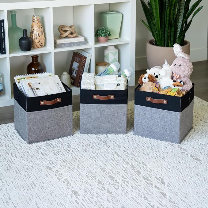 OrganiHaus 12x12 Cube Storage Bins, Set of 4 - Fabric Storage Cubes | Sturdy, holds its shape; odor-free; fits 12-inch cube shelves; vegan leather handles