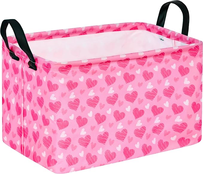 MAIZMZ Girls Storage Basket Heart Print Storage Cube for Women, Closet Shelf Organizer Bins Empty Gift Basket with Handles Girls Nursery hamper Kids Toys Books Box Room Deco