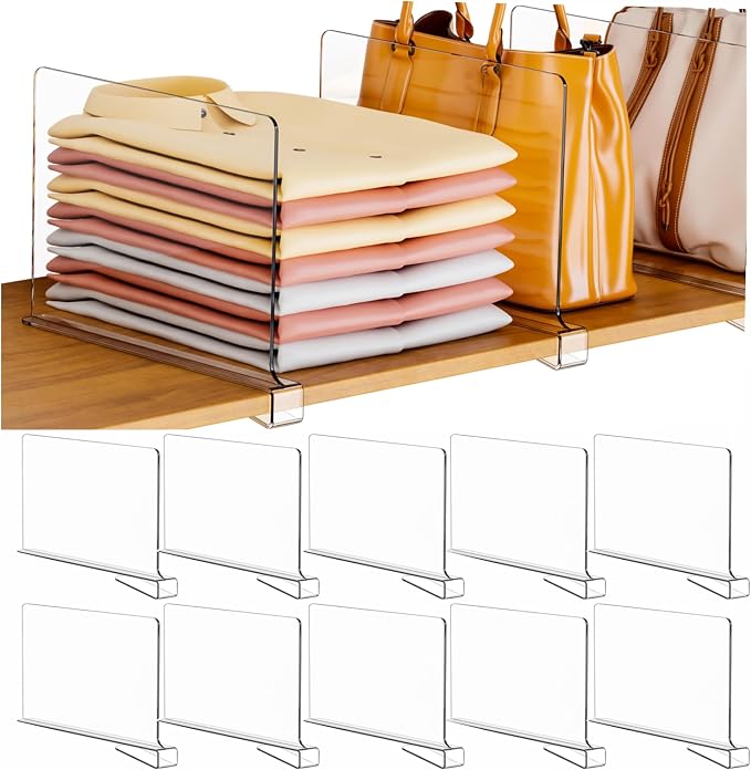 Clear Acrylic Shelf Dividers for Closet Organization - 10 Pack Closet Shelf Divider for Sweatshirt,Towel,Bag,Purse,Clothing,Sweater Organizer,Plastic Dividers and Separators for Shelves and Bedroom