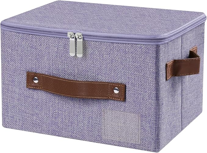 ANMINY Storage Bins with Zipper Lid Storage Boxes with Label Holder PU Leather Handles Washable Foldable Decorative Lidded Cotton Linen Fabric Cubes Baskets Closet Organizer - Purple, Small