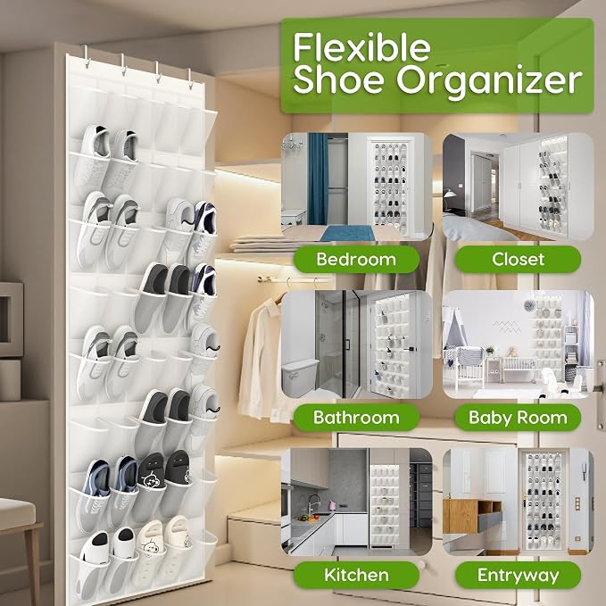 Over the Door Shoe Organizer with 40 Large Breathable Mesh Pockets, Space Saving Shoe Holder, Hanging Shoe Rack for Entryway Bedroom Closet Storage (White, 80 Pockets)
