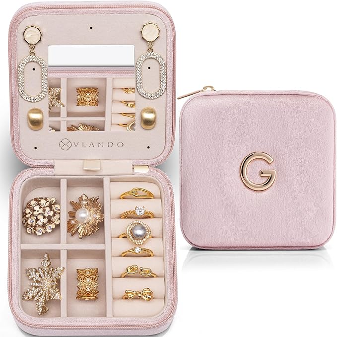 VLANDO Valentines Day Gift for Her, Bridesmaid Gifts for Women, Bridesmaid Proposal Gifts Unique Gifts, Wedding Travel Essentials Small Jewelry Box, Travel Jewelry Case - Letter G, Pink