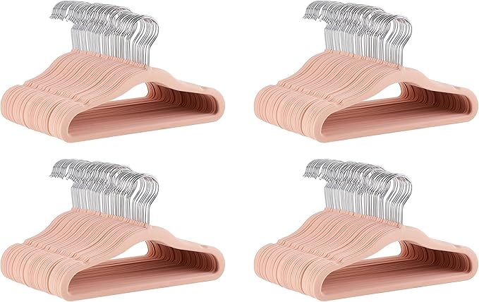Amazon Basics Kids Space Saving Velvet Non-Slip Clothes Hangers with Shoulder Notches for Infant and Toddler, 11.6", Blush, 50 Count (Pack of 4)