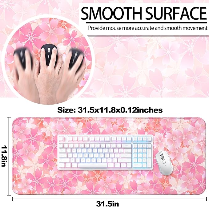 Japanese Cherry Blossom Gaming Desk Mat, Computer Keyboard Large Extended Flowers Mouse Pad for Office and Home, 31.5×11.8 Inches, XL, Pink