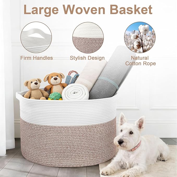 XXXL Large Laundry Basket, 105L Soft Cotton Rope Basket, Blanket Storage and Organizers, Baby Nursery Laundry Hamper, Extra Large Toys Storage Bins for Kids 23.6'' x 14.6'', White & Brown
