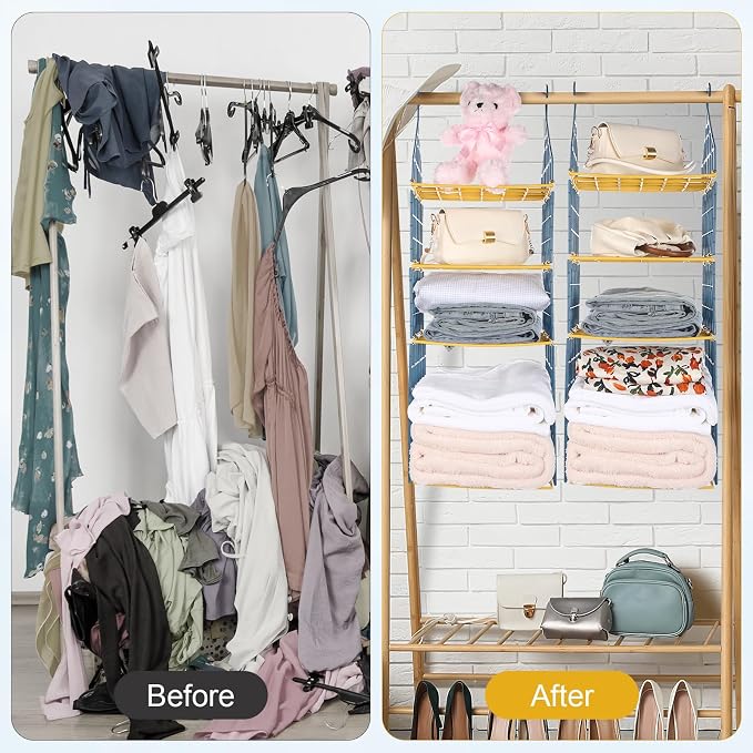 Leinuosen 7 Tier Closets Organizers and Storage Closet Hanging Organizer Shelves with 4 Hanging Hooks for Clothing Sweaters Shoes Pants Coat Hats Handbags Clutches Accessories