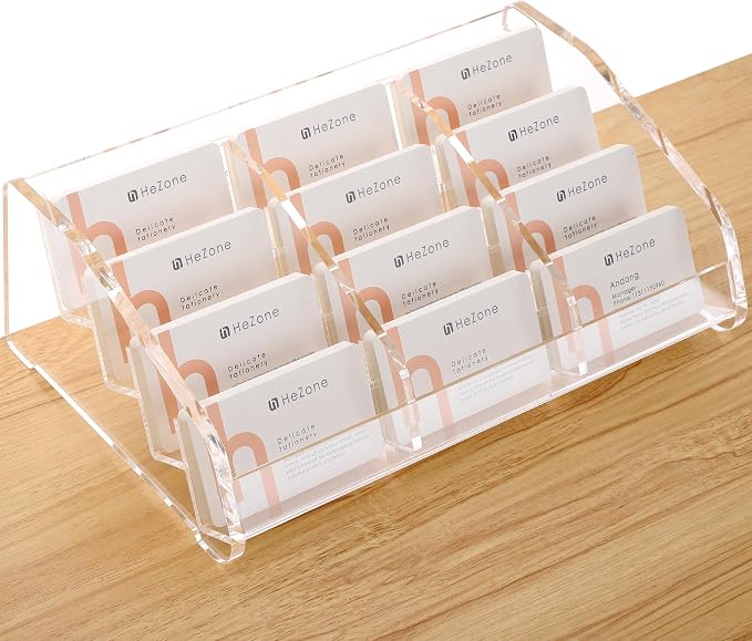 HeZone Business Card Holder Display for Desk Muitiple, Clear Acrylic Business card Stand Rack for Women and Men 12 slots 4Tier, Organize 600 cards (12 Slots