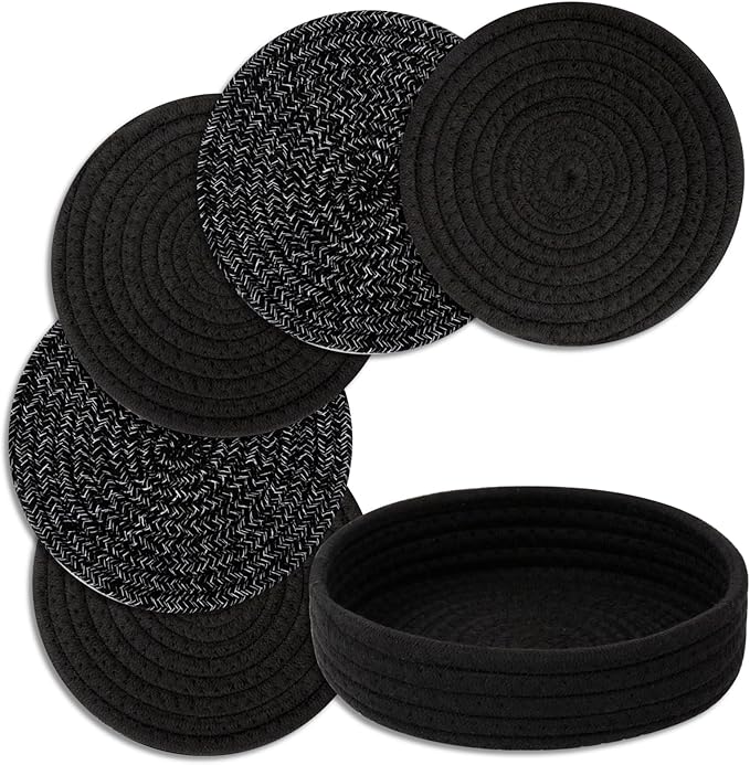 Trivets for Hot Dishes, Pots and Pans, Heat Resistant Hot Pads with Storage Basket, Pot Holders for Kitchen Countertop, Trivet Mats Home Essentials Farmhouse Decor (Black 5 Pcs)