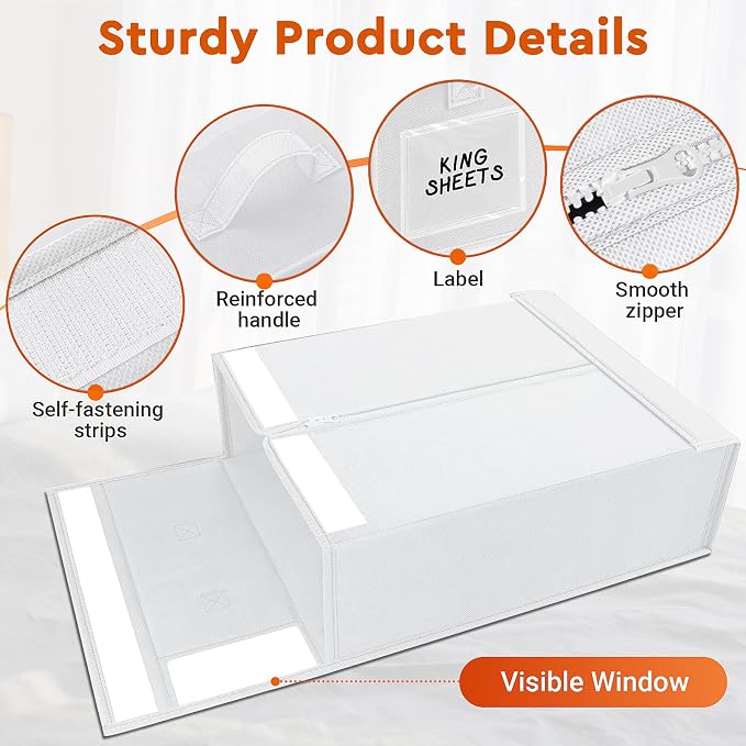 StorageTastic 2 Pack Bed Sheet Closet Organizers and Storage,Sturdy Foldable Storage Containers with Window and Label,Storage and Organization for Bedding Sheets,Duvet Covers,Blankets (White)