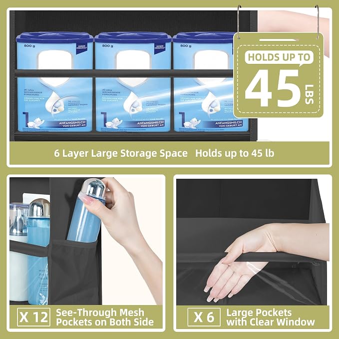 Over Door Organizer with 6 Extra Large Pockets 12 Side Pockets, Sturdy Closet Storage Rack, Hanging Storage Organizer with Clear Window for Shoes, Diapers, Bedroom, Bathroom, Black