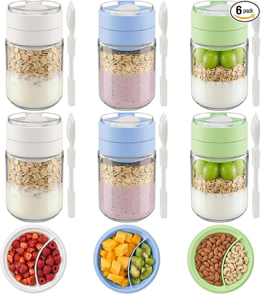 Vtopmart 6 Pack 16 oz Overnight Oats Containers with Lids, Folding Spoons and Divided Compartments, Airtight Leakproof, Glass Jars for Overnight Oats, Yogurt, Fruit, Chia Pudding, Meal Prep