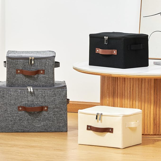 4 Pack Storage Bins with Zipper Lid Cotton Linen Fabric Lidded Storage Baskets Boxes Foldable Washable Closet Shelf Clothes Organizer Container with PU Leather Handles (Gray, Small)