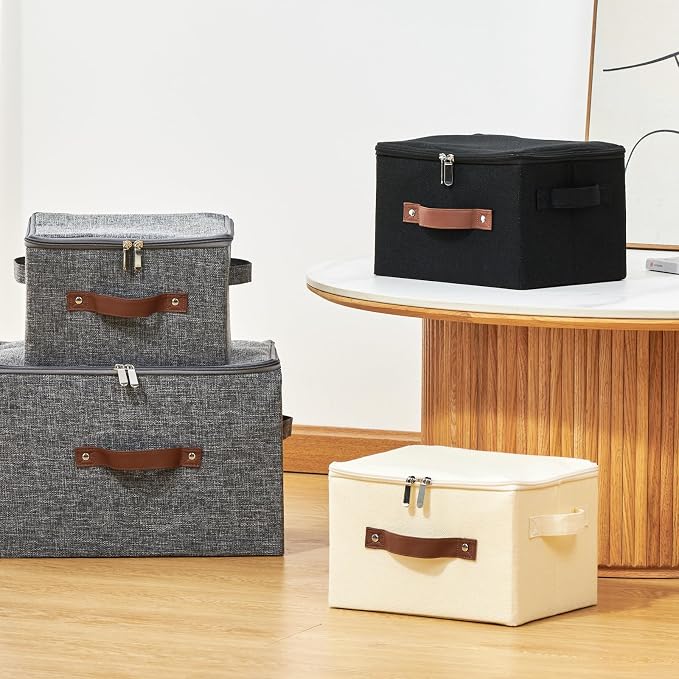 Storage Bins with Zipper Lid Cotton Linen Fabric Lidded Storage Baskets Boxes Foldable Washable Closet Shelf Clothes Organizer Container with PU Leather Handles (Black, Jumbo Size)
