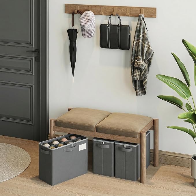 Varhomax Shoe Organizer Box for Closet, Small Fabric Shoe Storage Bin with Adjustable Dividers & Clear Cover, Saving Space Sneakers & Sandals Containers for Entryway, Cubby - Gray