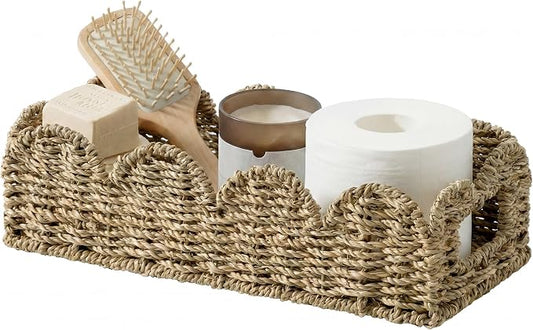 StorageWorks Small Wicker Scalloped Baskets for Bathroom Decor, Long Narrow Decorative Seagrass Baskets for Storage, Toilet Paper Basket for Back of Toilet Basket Tank Topper with Handles