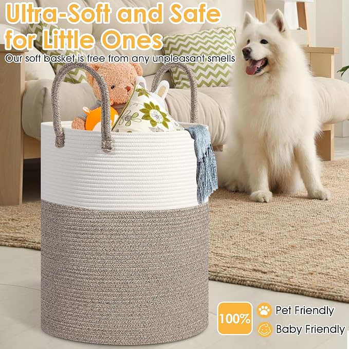 Large Woven Laundry Basket Hamper,100L Cotton Rope Storage Bin for Blankets,Toys and Clothes，Decorative Tall Blanket Basket for Living Room,Baby Nursery Hamper,Baby Storage Basket,Brown/White