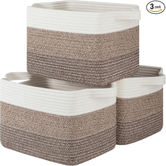 OIASKET Storage Baskets for Organizing, Woven Baskets for Shelves, Rectangle Decorative Organizer for Storage Clothes, Toy, Books, Towels Nursery Bins 3 Pack (Gradient Dark Brown, 13"x9.85"x8.7")