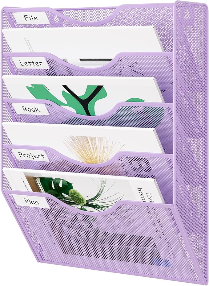 EasyPAG Wall File Organizer 5 Tier Hanging Paper Folder Holder, Zero Assembly Metal Mesh Wall Mounted Mail Organizer for Office Home Classroom Narrow Spaces, Puple