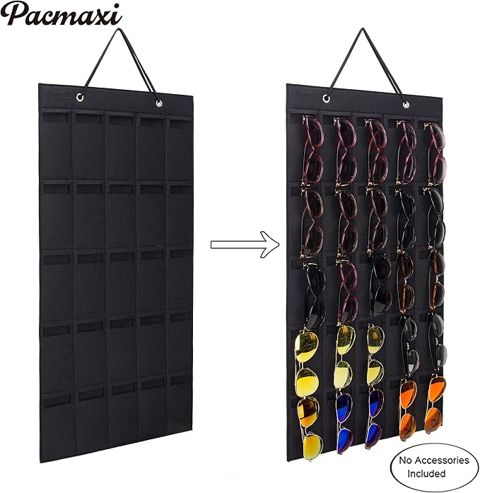 PACMAXI Sunglasses Storage Organizer, Wall Pocket Mounted by Sunglasses, Hanging Eyeglasses Storage Holder, Eyewear Display. (black, 25 Slot)