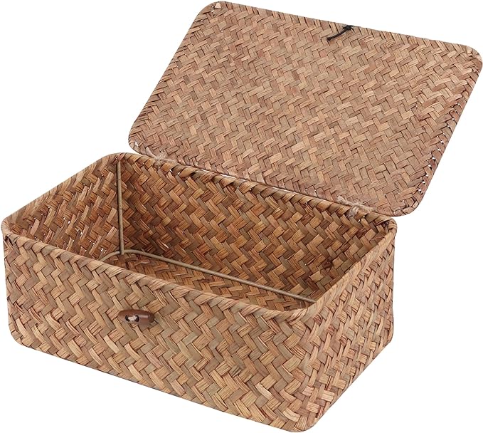 FEIALNDUO Wicker Shelf Baskets with Lid,Seagrass Storage Basket Bins Rectangular Handwoven Basket Boxes for Shelves Desktop Home Organizer (Coffee, Small)