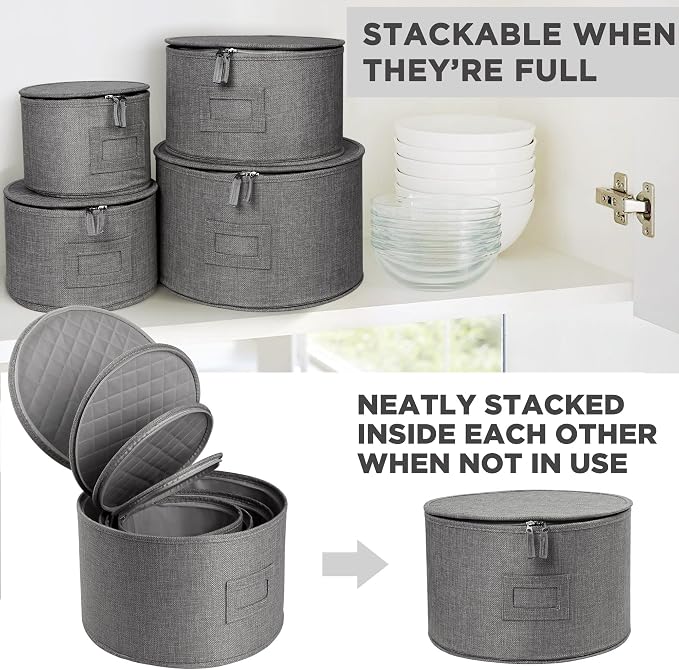 LotFancy China Storage Containers, Hard Shell, 4PCS Set, Dish Saucer Plate Storage Box for Moving, Stackable Dinnerware Organizer Bins with 48 Felt Dividers, Grey