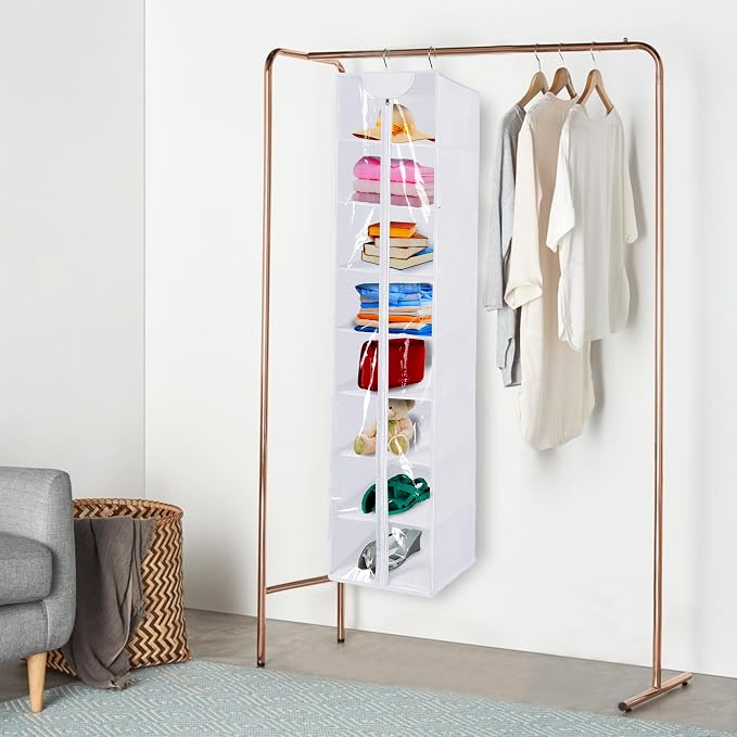 8 Tier Clear PVC Closet Hanging Organizer with Zipper, Foldable Hanging Closet Organizers and Storage, Hanging Clothes Storage Organizer, hanging shoe organizer, White Closet Shelves