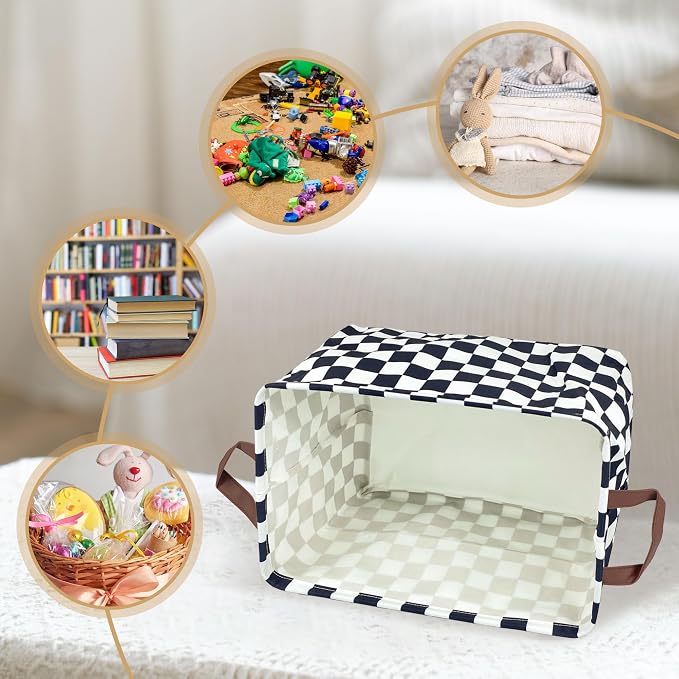 Checkered Storage Basket Waterproof Canvas Toy Storage Bin Race Car Room Decor Collapsible Outdoor Basket with Leather Handles Checkered Decor Car Blanket Baskets For Closets,Bedrooms,Gifts Baskets