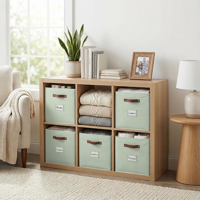 DECOMOMO Storage Bins, Cube Storage Bin with Labels | 13" x 13" x 13" Fabric Storage Cubes for Shelves (6pcs, Sage Green)