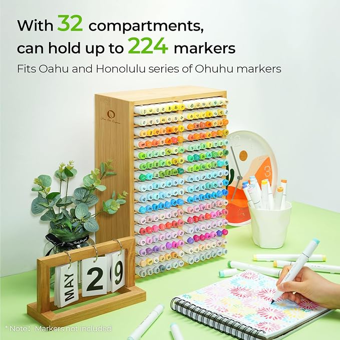 Ohuhu Bamboo Marker Organizer, Desktop Storage Hold 224 Markers for Honolulu Oahu Series of Ohuhu Markers, Pens Pencils Stationary Organizer Holder with 32 Compartments for Classroom Office Decor