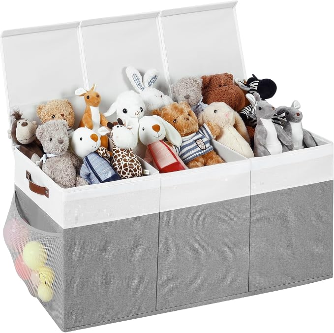 Extra Large Foldable Toy Chest with Lid,Collapsible Kids Toy Storage Box Organizer,Large Fabric Storage Bin for Nursery Playroom Bedroom Living Room,40”x18”x14”,White & Grey