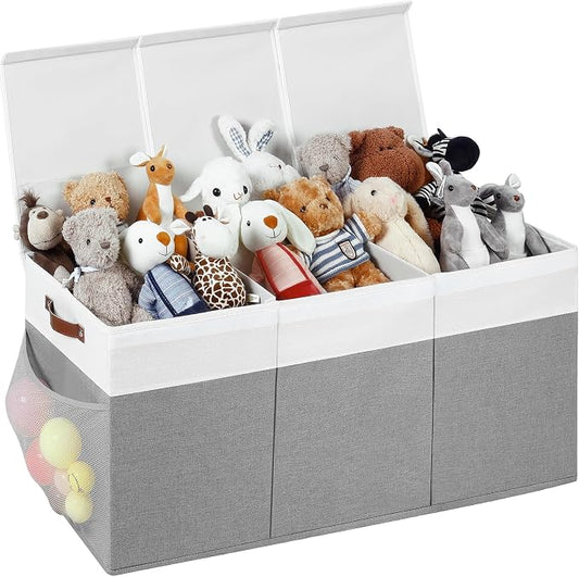 Extra Large Foldable Toy Chest with Lid,Collapsible Kids Toy Storage Box Organizer,Large Fabric Storage Bin for Nursery Playroom Bedroom Living Room,40”x18”x14”,White & Grey