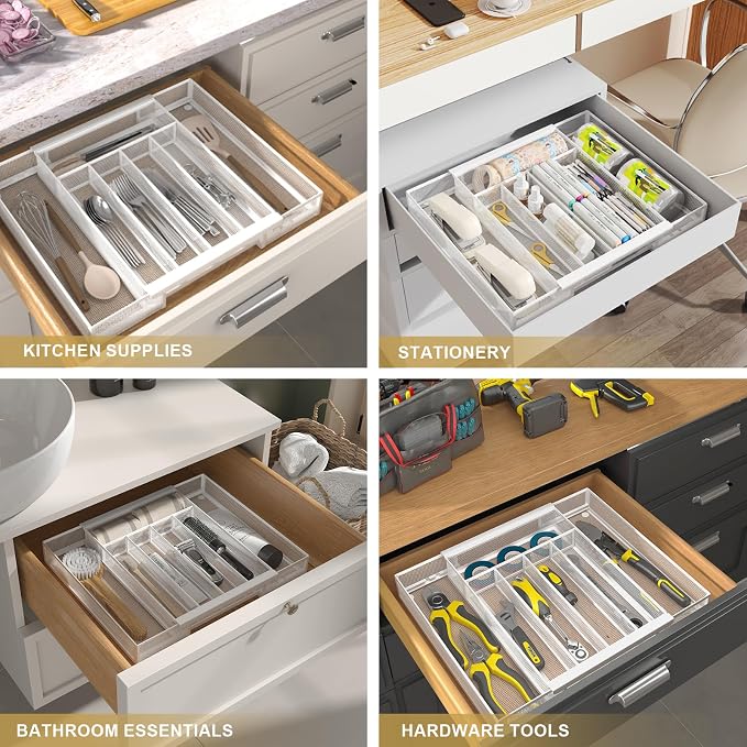 Sedegn Expandable Kitchen Utensil Organizer - 9.6" to 16.1" Adjustable Cutlery Tray with 5-7 Compartments - Fits Various Drawer Sizes & Holds Large Ladles Spatulas Forks Spoons & Knives White