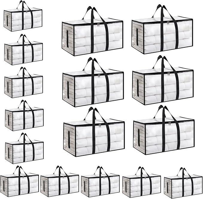 16 Pack-Extra Large Heavy Duty Moving Bags - Waterproof Storage Totes with Handles & Zippers, Foldable for College Dorm, Storage (Clear)