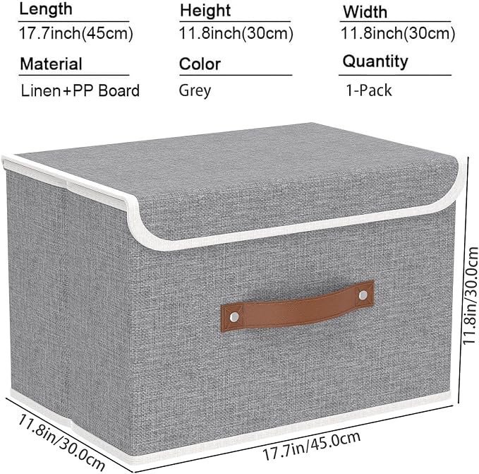 Yawinhe Storage Bins with Lids, Closet Baskets, Washable and Leather Handle, Collapsible Boxes for Home, Grey, 17.7''Lx11.8''Wx11.8''H, 1-Pack, USNK024GX-1