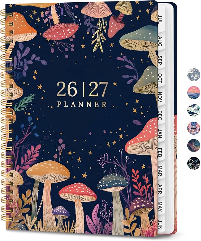 Planner 2026-2027, Hardcover Monthly and Weekly Academic Planner July 2026 - June 2027, Teacher and Student Calendar Agenda Book with Tabs, A5 (6.3" x 8.5"), Ideal for School and Office, Mushroom Party