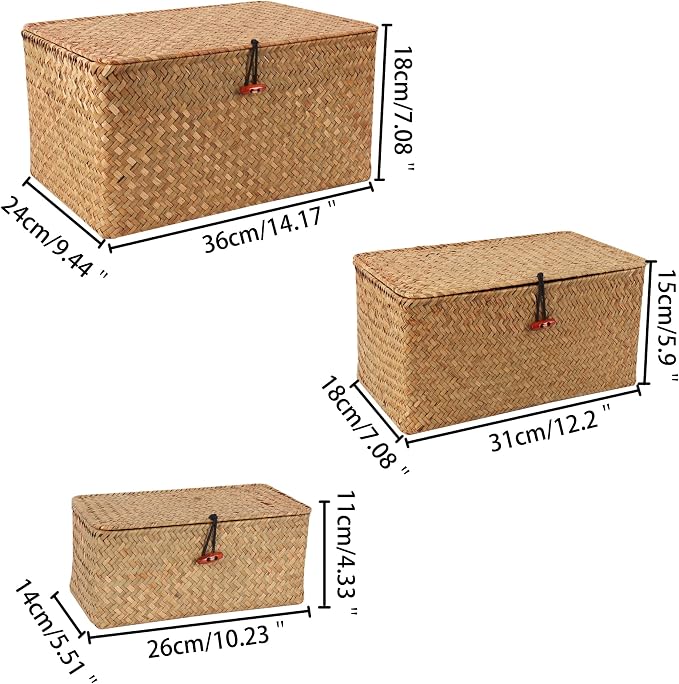 Moosky Wicker Shelf Baskets with Lid,Natural Seagrass Storage Basket Boxes Handwoven Rectangular Baskets Bins Multipurpose Home Organizer Decor (Large+Medium+Small)