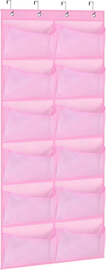 KIMBORA 12 Large Mesh Pockets Over the Door Shoe Organizer for Closet Hanging Shoe Rack for Door Sneaker Hanger Boot Storage for Kids, Baby, Toddler, Girl, Pink