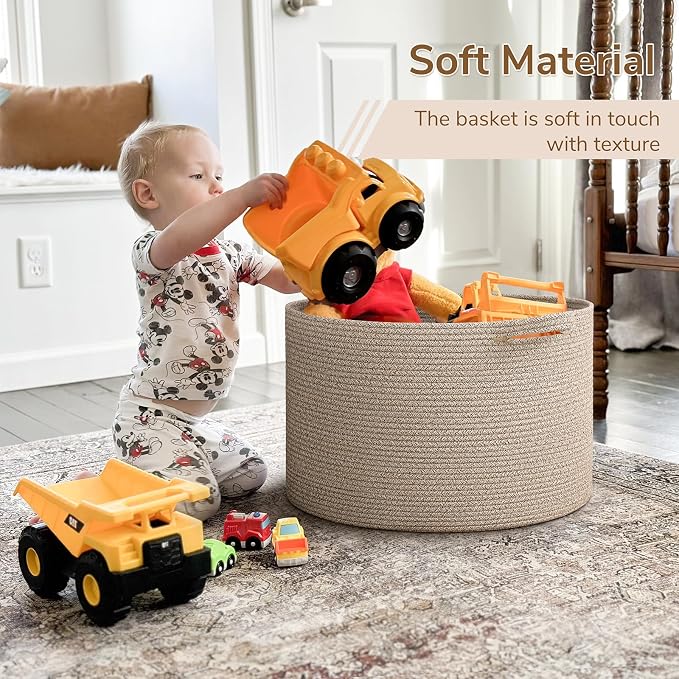 INDRESSME Large Blanket Basket Woven Cotton Rope Basket 65L with Handles, Toy Storage Basket for Living Room Bedroom Nursery, Laundry Hamper for Clothes Towels, Wicker Blanket Home Décor Brown