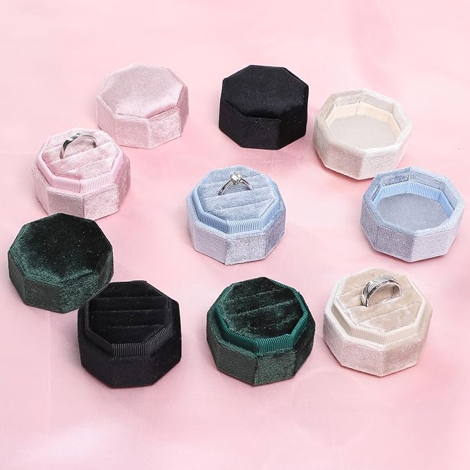WantGor Velvet Ring Box, 3 Slots Jewelry Ring Gift Box Vintage Ring Holder | Ring Display Case for Wedding Ceremony Proposal Engagement (Blue)