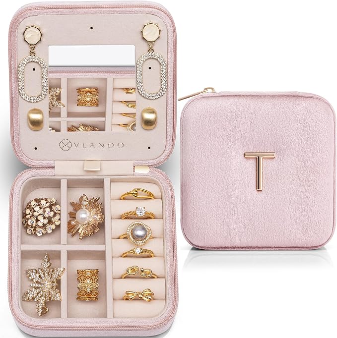 VLANDO Mom Gifts for Women, Travel Jewelry Case for Mother Gifts, Travel Gifts from Daughters, Travel Essentials Small Jewelry Box - Letter T, Pink