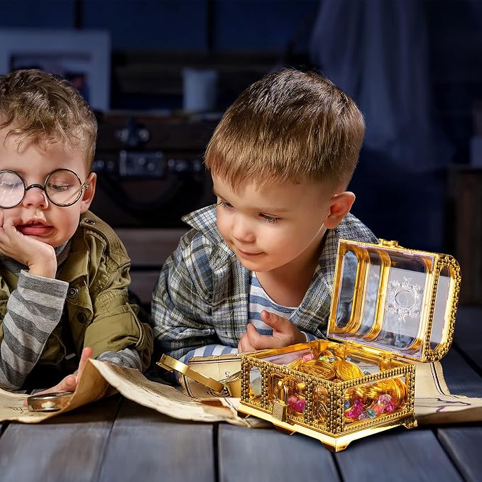 Treasure Chest with Lock and Key,Pirate Theme Party Favors for Kids,Transparent Golden Pirate Chest